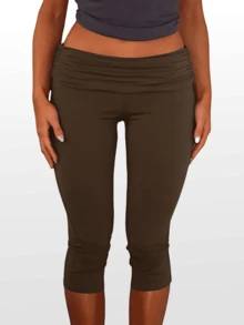 Women Y2k Fold Over Capri Pants Low Rise Knee Length Yoga Leggings Rollover Stretchy Cropped Leggings Solid Color Slim Fit Cropped Pants Summer Going Out Pants Daily Casual Streetwear - 鏽棕色 - 查看 1