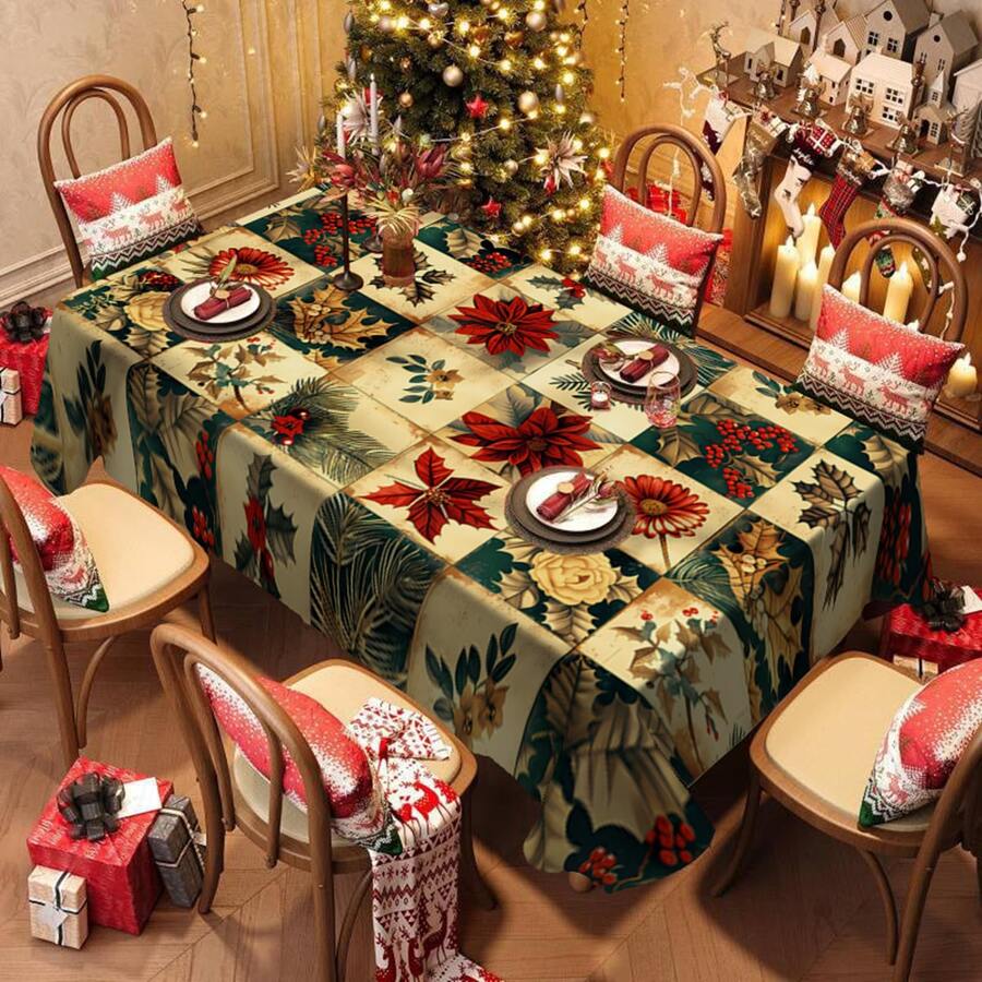1/20pcs Christmas Tablecloth, Christmas Flowers, Floral Pattern Tablecloth, Durable And Easy To Clean Polyester Fabric - Rectangular Dining Table Coffee Table Decoration - Suitable For Family Gatherings, Offices, Restaurants Festive Atmosphere - Christmas Theme Design, Machine-Made Quality - Multicolor - View 1