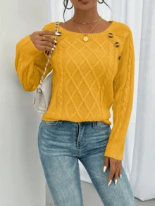 Women's Casual Plain Round Neck Long Sleeve Pullover Cable Knit Sweater With Button Details High Stretch Fabric - 黃色 - 查看 3