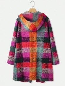 Casaco feminino de manga comprida com bolsos, estampa xadrez irregular, leve, com capuz e abertura frontal, ideal para outono/inverno. Jaqueta xadrez casual e moderna para o estilo streetwear. - Multicolorido - Ver 11