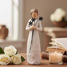 1 Piece Of Girl Sculpture Holding Wire Flower, High-Quality Resin Material, Delicate Texture Details, Art Installation For The Living Room Desktop, Blessing Gift For Friends And Sisters, Perfect Gift Choice For Christmas Birthday Party - 白色 - 查看 1