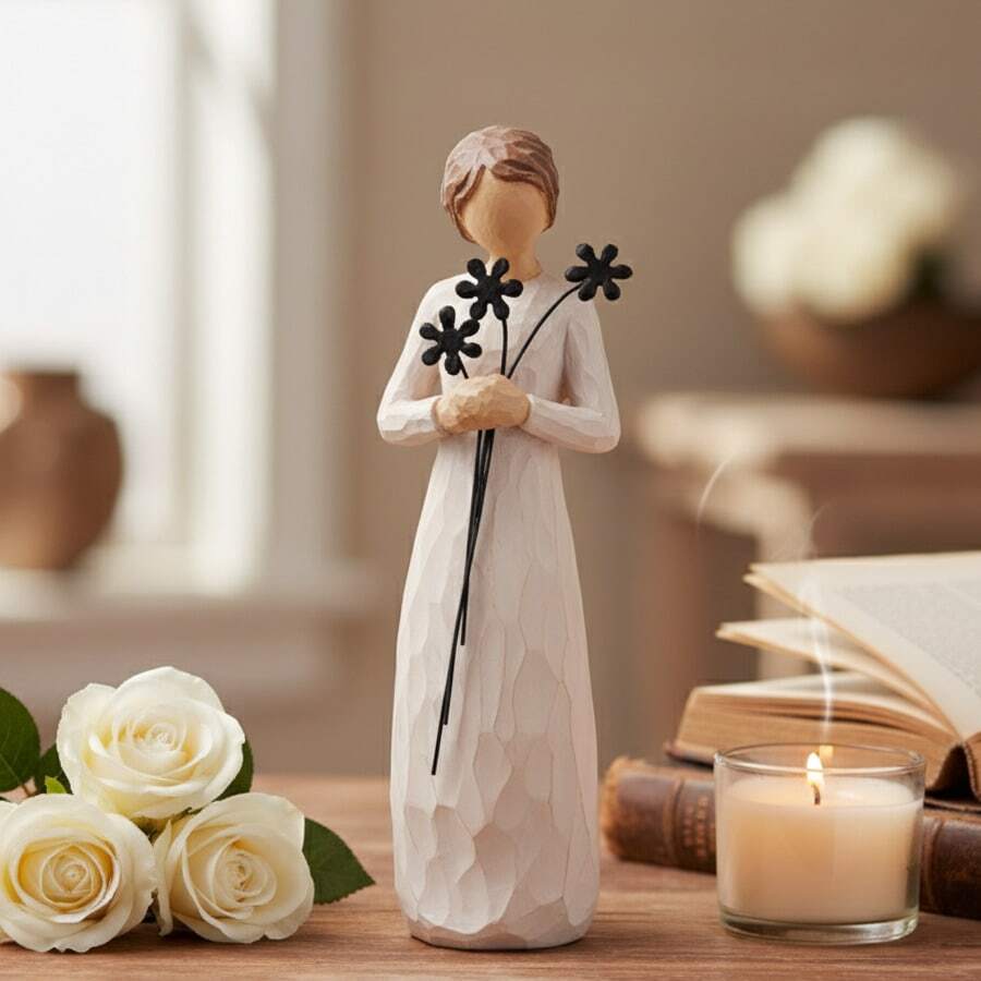 1 Piece Of Girl Sculpture Holding Wire Flower, High-Quality Resin Material, Delicate Texture Details, Art Installation For The Living Room Desktop, Blessing Gift For Friends And Sisters, Perfect Gift Choice For Christmas Birthday Party - 白色 - 查看 1