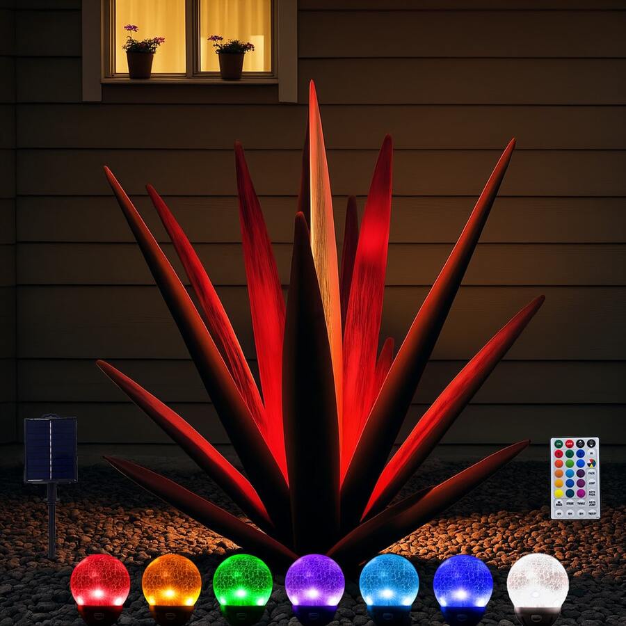 LUMIARTISAN Creative Ornaments In The Form Of Agave Metal Handicrafts, Including Large-Scale Agave Wine Countryside Sculptures, Courtyard Agave Plants, Lawn Decorations, Courtyard Wooden Stakes, Home Decorations, Hand-Painted Metal Garden Sculptures - red - Large - Multi-color adjustable lighting - 查看 1