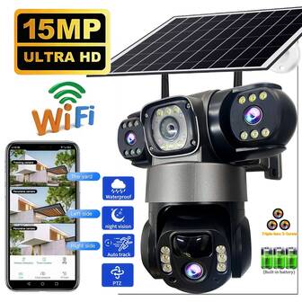 Caméra IP solaire WiFi Caméra de surveillance CCTV 15MP à double objectif à triple écran PTZ avec suivi automatique 6K Curious Security V380 Pro, caméras de WiFi d'intérieur et d'extérieur, caméras WiFi sans fil, caméras IP, caméras PTZ, caméra Ring