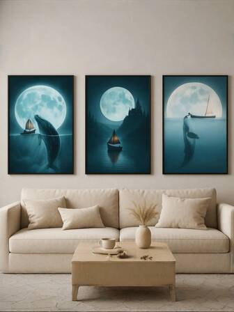 3 pezzi di arte murale con delfini, dipinti di barche a vela e luna, cartellone su tela per decorazione di soggiorno, camera da letto, appartamento universitario o dormitorio, regalo ideale senza cornice
