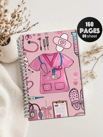 160页螺旋装订笔记本 - 医疗主题设计（听诊器和心跳图案），护理学校必备，护理毕业礼物，便携式旅行日记和个人日记，护士感谢礼物，专业计划本，医疗主题封面，螺旋装订