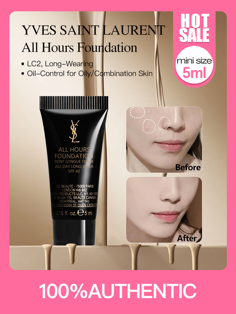 YSL YVES SAINT LAURENT All Hours Foundation | 5ml Mini Size, Shade LC2, Long-Wearing & Matte Finish, Oil-Control For Oily/Combination Skin