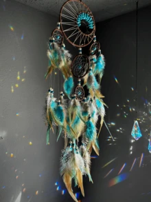 1pc Retro Turquoise Dreamcatcher With Life Tree Decorative Hanging Ornament, Colorful Feather Wind Chime Wall Decoration (Feathers Are Artificial) Gifts Birthday Graduation - Turquoise Rings - View 5