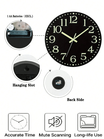 [Luminous Wand Clock, Silent 10 Inch 12 Luminous Klok AA Battery Not Included, 1pc Mute out Ticking, Numbers s, Flat Top Home Room view 6