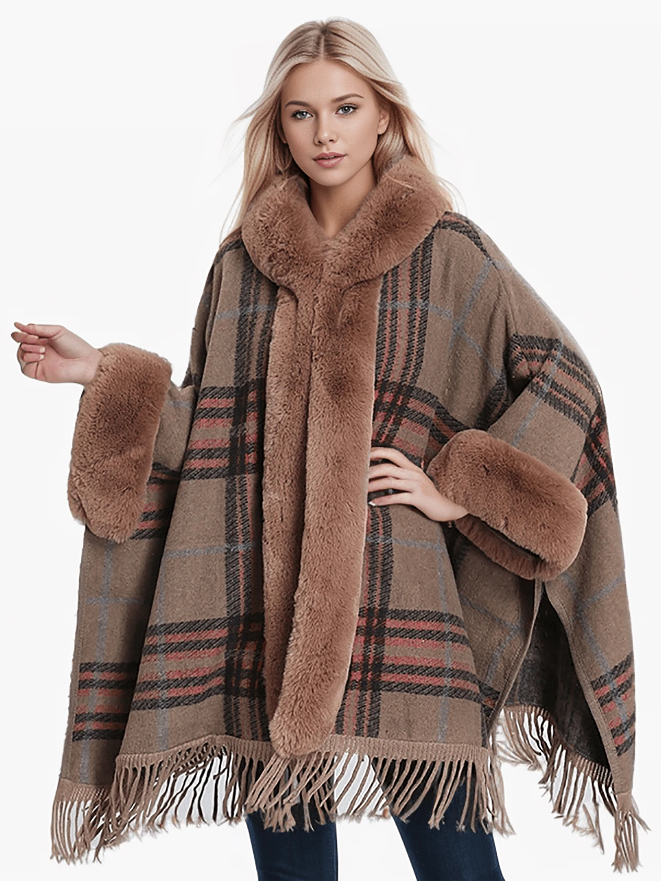 1pc Plus Size Hooded Cardigan With Fringes, Plaid Pattern, Knitted Poncho Shawl