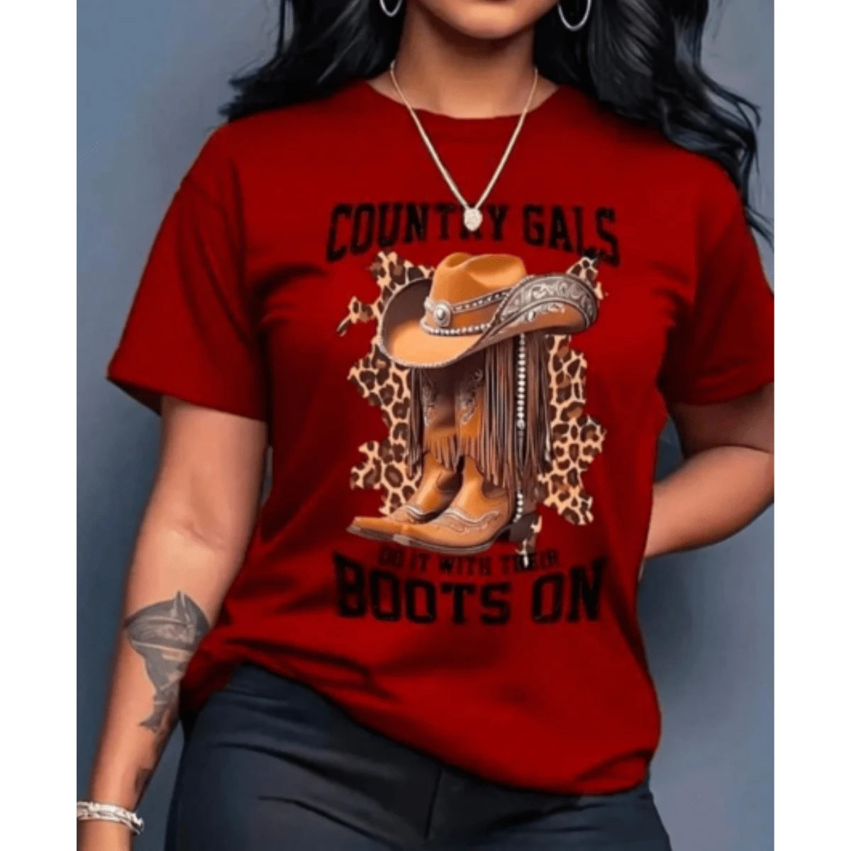 Women's Country T-Shirt, 100% Cotton Blouse, Printed Shirt, Peacock Fashion, Boots, Hat, Launch - 酒紅色 - 查看 1