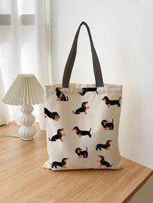 两件套可爱腊肠犬印花手提包套装 - 女士时尚手提包，配有小型拉链化妆包、可重复使用的购物袋，设计紧凑，适合日常使用；大容量可重复使用的帆布沙滩包 - 印花手提袋，适合休闲旅行购物 - 单肩包，可作为女士礼物。，可爱 - 米色 - 查看 3