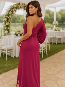 Elegant Sexy Lace Slit Bridesmaid Guest Prom Dress - 品紅 - 查看 4