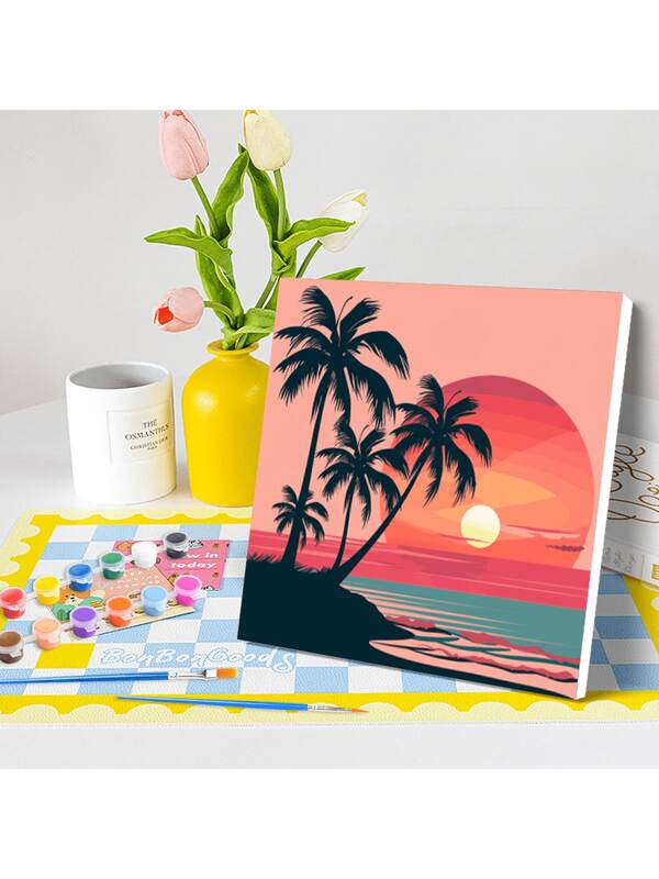 1/2pcs Framed Diy Acrylic Paint By Numbers Cartoon Seaside Beginner Kits Easy To Paint Diy Crafts Kits For Diy Gift 20x20cm/7.87x7.87inch