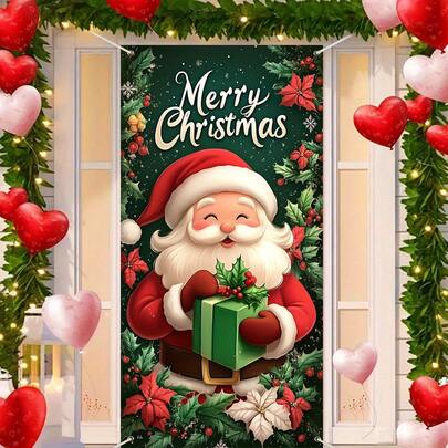 2D Door Banner, 1pc Multipurpose Polyester Door Cover Banner With Santa Claus & Holiday Floral Design, No Electricity Needed, Ideal For Christmas & New Year Celebrations, Size: 35.4 X 70.9 Inches, Suitable For Indoor/Outdoor Party Decor