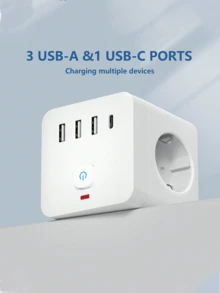 1pc 7-In-1 Multifunctional Power Strip, Equipped With Surge Protector, 3 EU Power Sockets, 3 USB-A Ports, 1 USB-C Port, Wall Adapter With Overload Protection And Independent Switch, Suitable For Home, Office, Travel, Bedroom, Gaming Room And More