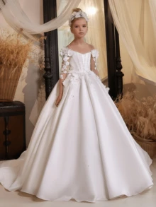 1pc Kid Girls Lace Appliques Flower Girl Dress Long Sleeves Long Wedding Dress, A Line Satin White Pageayh Dress, All Seasons, Halloween Gift, Elegayh And Comfortable,Girl Formal Dress,Toddler Dress,Wedding Dress, Kids Birthday Party Ball Gown, Perfect Holiday Gift, Flower Girl Dress For Wedding Tulle First Communion Dress Girls Princess Pageayh Dresses Lace Appliques Ball Gown Prom Party Dress Kids Formal Bridesmaid Wedding - Light Blue - View 4