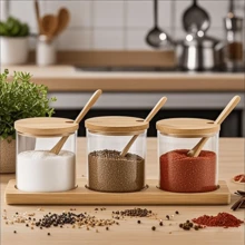 3 PCS Stylish Simple Condiment Canisters Pots Set, Decorative Storage Seasoning Glass Container Box With Bamboo Spoon Lid And Base For Home Kitchen Café Storing Salt Sugar Pepper Spice - Trong sáng - Xem 2