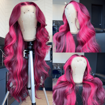 13x4 Rose Pink Curlu Wave Wig Natural Wave Body Wave Wig Highlight Rose Pink With Purple Colored Lace Frontal Wigs Synthetic Wig Pre Plucked Glueless Transparent Lace Frontal Wig For Women Girls Party Daily Wear 28Inch