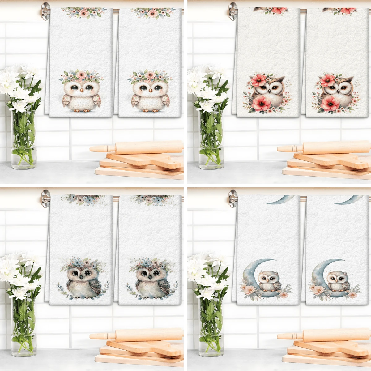 2/4 Pcs Set, Dish Towels, Owl Pattern Printed Super Absorbent Microfiber Modern Dish Cloths, Cooking And Baking Tea Towels, Cleaning Rags, Hand Towels, Highly Absorbent And Soft, Kitchen Decor, Gifts For Neighbors, Mothers, Birthdays, Housewarming Gifts For Friends, Kitchen Essentials, Daily Necessities