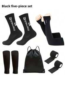 5 buc/set șosete de fotbal până la jumătatea gambei + mâneci de protecție solară + huse de protecție pentru șosete + curele sport + rucsac cu șnur, șosete adezive antiderapante pentru antrenament profesional pentru bărbați și femei, potrivite pentru jocuri cu mingea, activități în aer liber pentru alergare