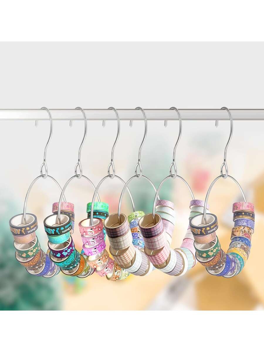 2pcs Washi Tape Storage Rack, Stainless Steel Ribbon Storage Ring With Large Hook, Office Home Closet Organizer, Can Be Hung On Any Hook, Even Fits Closet Rod, Can Hold 20 To 30 Rolls Of Washi Tape, Also Serves As A Closet Storage Rack For Belts And Belts, Items Hang Neatly Without Damaging Leather, Without Wrinkles, And Are Easy To Find Suitable For Valentine's Day Gifts And Other Holiday Gifts - Silver - View 1