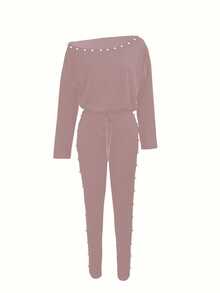 Women's Fashion Simple Solid Color Casual Long Sleeve Top And Long Pants Set, 2 Pieces Spring Elegant - Baby Pink - View 3