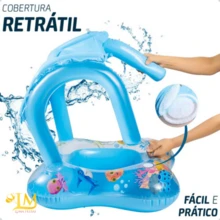 Boia Inflável Infantil com Cobertura Azul e Rosa para Bebê / Criança - Flutuador com Toldo UV, Assento Confortável, Piscina e Praia - Azul - Visão 2