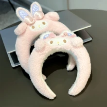 1pc Sanrio Melody Pink Rabbit Ear Headband, Cute Plush Hair Hoop For Washing Face, Cartoon Embroidered Soft Adjustable Hair Band, Suitable For Bathroom, Shopping, Performance, Party
