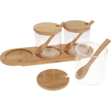 3 PCS Stylish Simple Condiment Canisters Pots Set, Decorative Storage Seasoning Glass Container Box With Bamboo Spoon Lid And Base For Home Kitchen Café Storing Salt Sugar Pepper Spice - Trong sáng - Xem 11