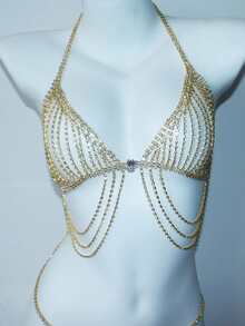 1 件夜总会闪亮流苏水晶文胸，夏季海滩派对时尚比基尼，水晶胸链 - 金色 - 查看 3