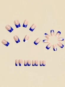 Adesivos de Unha Estilo Francês, 24 Peças Destacáveis de Adesivos de Unha Postiça, Série Azul de Adesivos de Unha Estilo Francês. Adequado para Mulheres, para Uso Diário, Encontros e Festas. Uma Bela Arte de Unhas também é o Melhor Presente para Amigos.