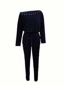 2pcs Women Casual Solid Color Long Sleeve Top And Pants Set Spring Elegant - Navy Blue - View 3