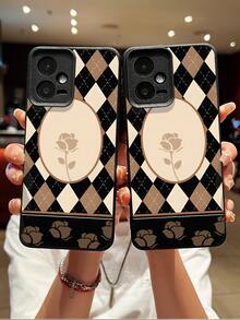 1pc Retro Plaid Textured Rose Pattern Waterproof Shockproof Anti-Slip Soft Phone Case, Suitable As Birthday, Holiday Gift For Friends, Family, Couples, Compatible With Apple/Redmi Phones - Multicolor - View 4