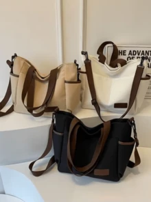 Simple Solid Color Canvas Tote Bag For Women, Large Capacity Crossbody Bag, Portable Travel Shoulder Bag, Casual Satchel Bag For Outdoor Travel Or Commuting Work, Vintage Multi-Pocket Handbag All-Match Square Bags For School