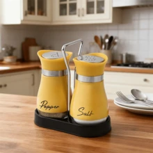 3 Pieces Set (Holder+2 Cans) Salt And Pepper Jar Seasoning Bottle, Salt Bottle, Pepper Bottle Can Be Used For Christmas Gifts, Kitchen Supplies, Multiple Colors To Choose From, Kitchen Household Seasoning Bottle, Kitchen Bottom Seasoning Bottle
