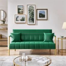 1pc Velvet Upholstered Sofa Couch, Chic Sofa With Mid-Height Backrest, Elegant Loveseat With Gold-Tone Metal Legs For Bedroom, Studio, Office - 綠色 - 查看 2