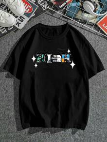 قميص كاجوال فضفاض بأكمام قصيرة وياقة دائرية مع طباعة حرف وعين للرجال كبار الحجم