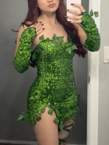 Women's Deluxe Ivy Themed Costume Sleeveless Fake Leaves Sequin Dress With Gloves Set For Halloween Cosplay Party