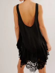 Women's Summer Sleevelesss Dress Lace Patchwork Deep U-Neck Backless Mini Loose Dress - 黑色 - 查看 2