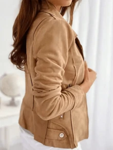 女式拉链纽扣装饰休闲修身短款立领拉链夹克，仿麂皮短外套