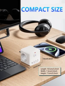 1pc 7-In-1 Multifunctional Power Strip, Equipped With Surge Protector, 3 EU Power Sockets, 3 USB-A Ports, 1 USB-C Port, Wall Adapter With Overload Protection And Independent Switch, Suitable For Home, Office, Travel, Bedroom, Gaming Room And More