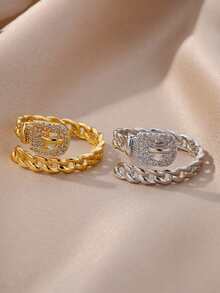 1 pieza Anillo de cinturón con circonita cúbica de moda para mujer, color dorado, acero inoxidable, anillo geométrico ajustable para boda, fiesta y regalo de joyería