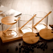 3 PCS Stylish Simple Condiment Canisters Pots Set, Decorative Storage Seasoning Glass Container Box With Bamboo Spoon Lid And Base For Home Kitchen Café Storing Salt Sugar Pepper Spice - Trong sáng - Xem 7