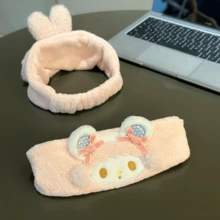 1pc Sanrio Melody Pink Rabbit Ear Headband, Cute Plush Hair Hoop For Washing Face, Cartoon Embroidered Soft Adjustable Hair Band, Suitable For Bathroom, Shopping, Performance, Party