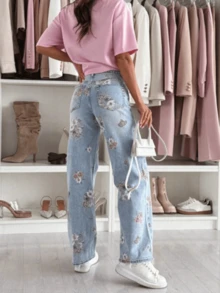 Women's Casual Long Floral Print Jeans, Botanical Leaf Pattern, Straight Leg With Pockets Spring - Light Wash - View 3