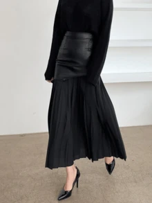 Long Pleated Skirt Women, Summer Faux Leather Patchwork Bodycon Skirt - Black - View 4
