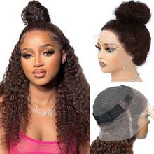 ZHENDEFA 360° Chocolate Brown Lace Front Wig, Human Hair, Jerry Curly, Full Lace Human Hair Wig, 360° Drawstring Wig, Upgraded Invisible Straps, 360° HD Full Lace Wig (For Women)
