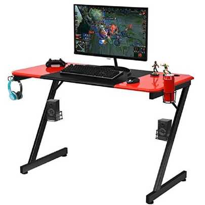 Spelbord med mugghållare, hörlurskrok och 2 ljudstativ, PC-skrivbord med Z-formade ben, Ergonomiskt spelbord, Stor bordsskiva med kolfiberstruktur, för kontor, hem