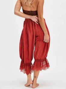 Womens Cropped Pants Loose Mid Rise Patchwork Lace Lantern Trousers Casual Streetwear - 橘色 - 查看 3